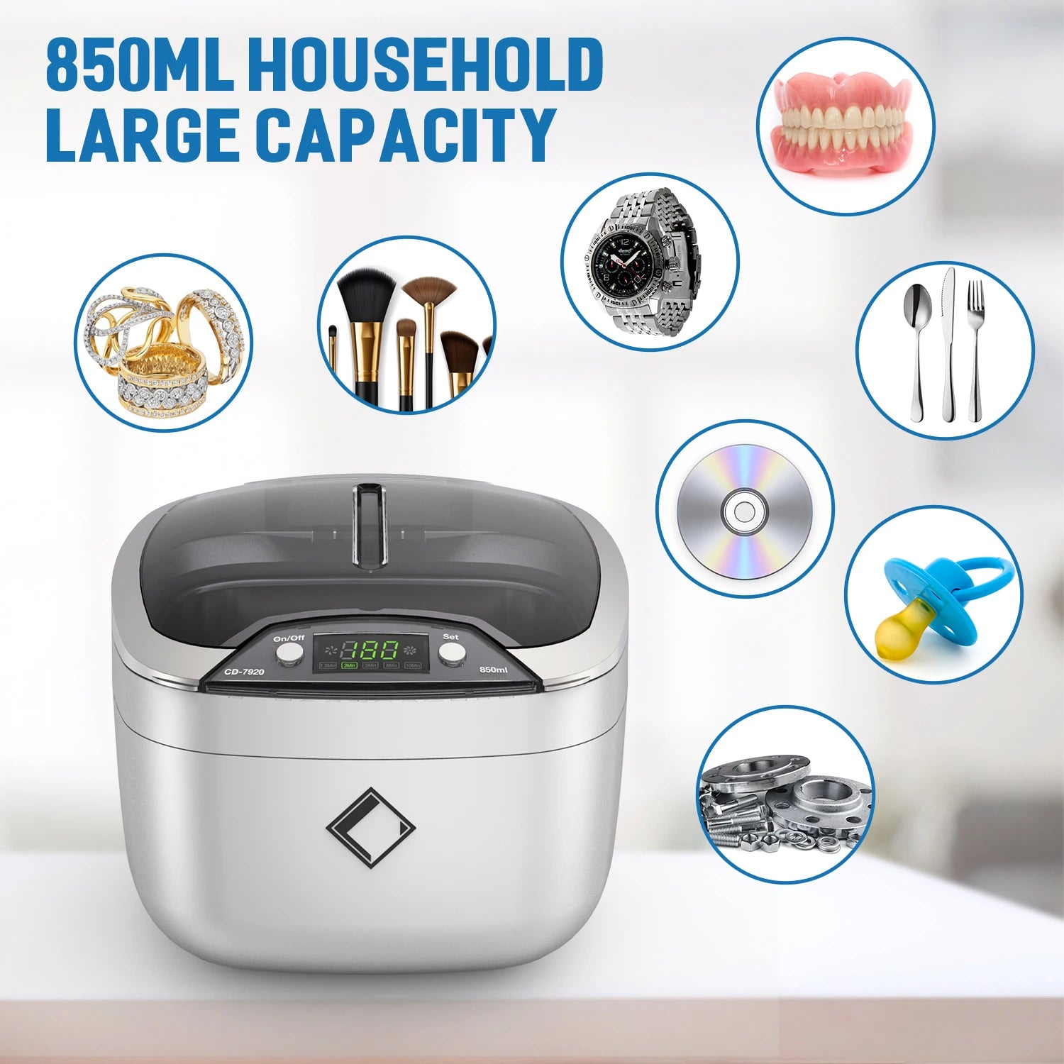 850ml Home Ultrasonic Cleaner – 42kHz Jewelry Cleaning Machine with TUV, CE & PSE Certification
