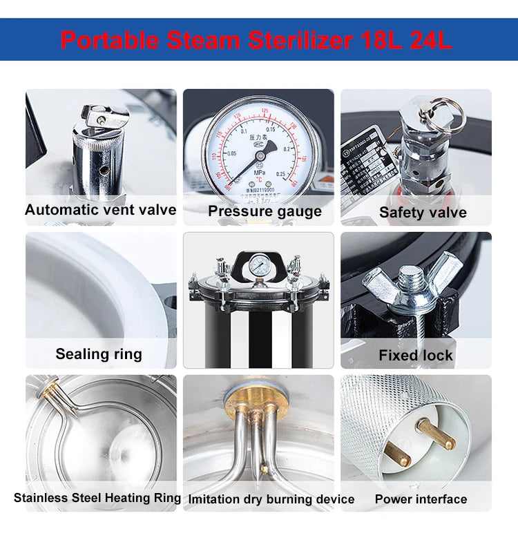 24L / 18L Portable LPG & Electric Steam Autoclave – Medical, Dental, Laboratory, and Mushroom Sterilizer