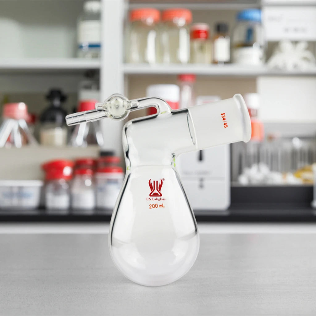 CS Labglass Borosilicate Round Bottom Flask with Thick Walls, PTFE/Glass Stopcock – Chemistry Lab Glassware, OEM