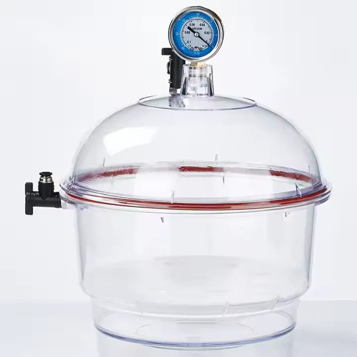 Laboratory Plastic Vacuum Dryer Desiccator with Cover, Double Valve & Pressure Gauge