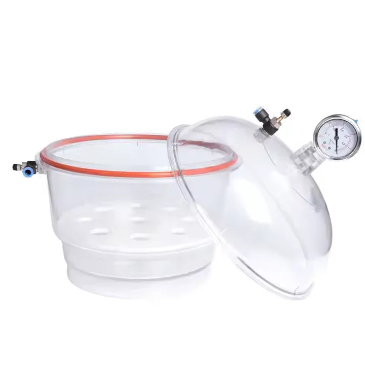 Laboratory Plastic Vacuum Dryer Desiccator with Cover, Double Valve & Pressure Gauge