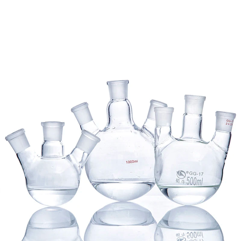 Borosilicate Glass Three-Neck Round-Bottom Boiling Flask with Straight Side Joints for Laboratory Distillation