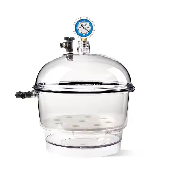 Laboratory Plastic Vacuum Dryer Desiccator with Cover, Double Valve & Pressure Gauge