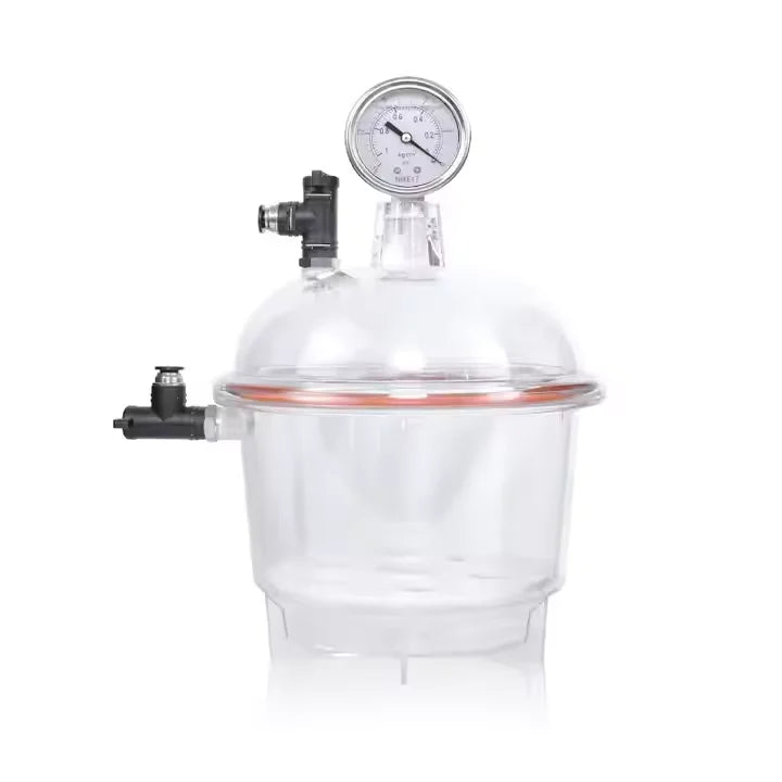 Laboratory Plastic Vacuum Dryer Desiccator with Cover, Double Valve & Pressure Gauge