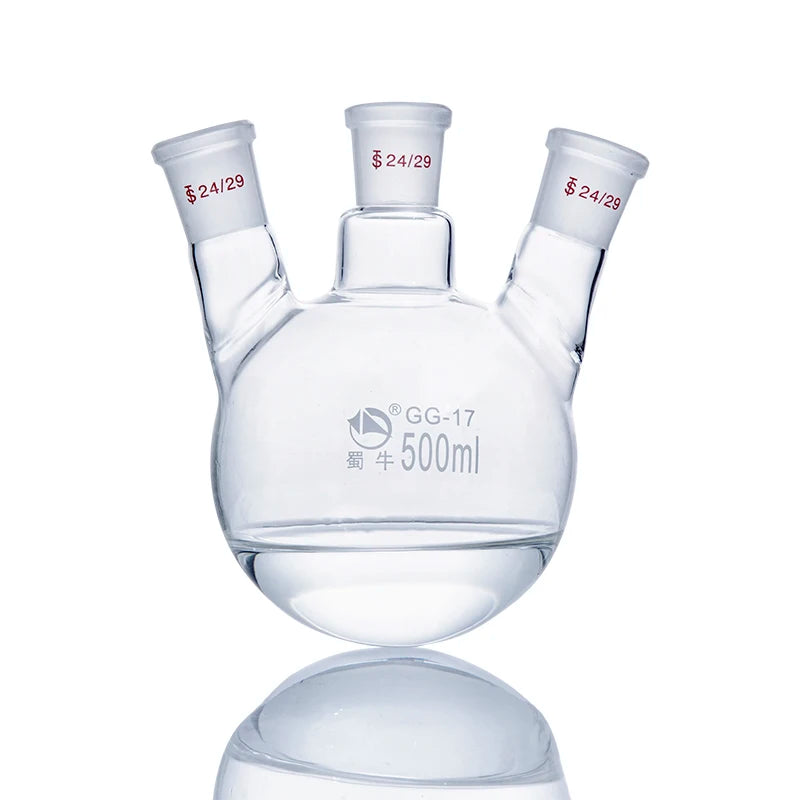 Borosilicate Glass Three-Neck Round-Bottom Boiling Flask with Straight Side Joints for Laboratory Distillation
