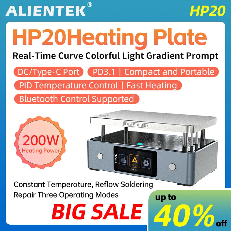ALIENTEK HP20 200W Mini Soldering Preheater – Digital Constant Temperature Heating Plate, 350°C, PD3.1